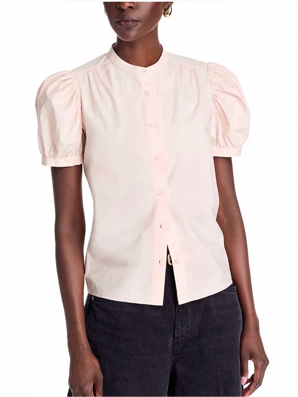 Frame Denim Gathered Short Sleeve Button Front Top In Light Pink, size XS, NWT